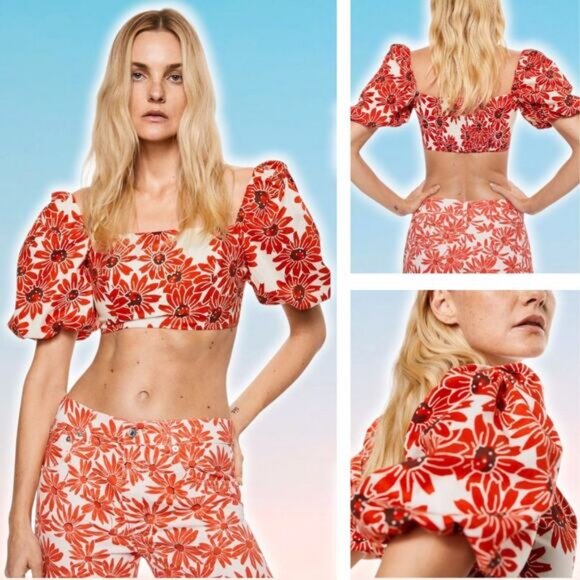 NWT MANGO Daisy Floral Puff Sleeve Cotton Crop Top Size Small - Picture 1 of 5